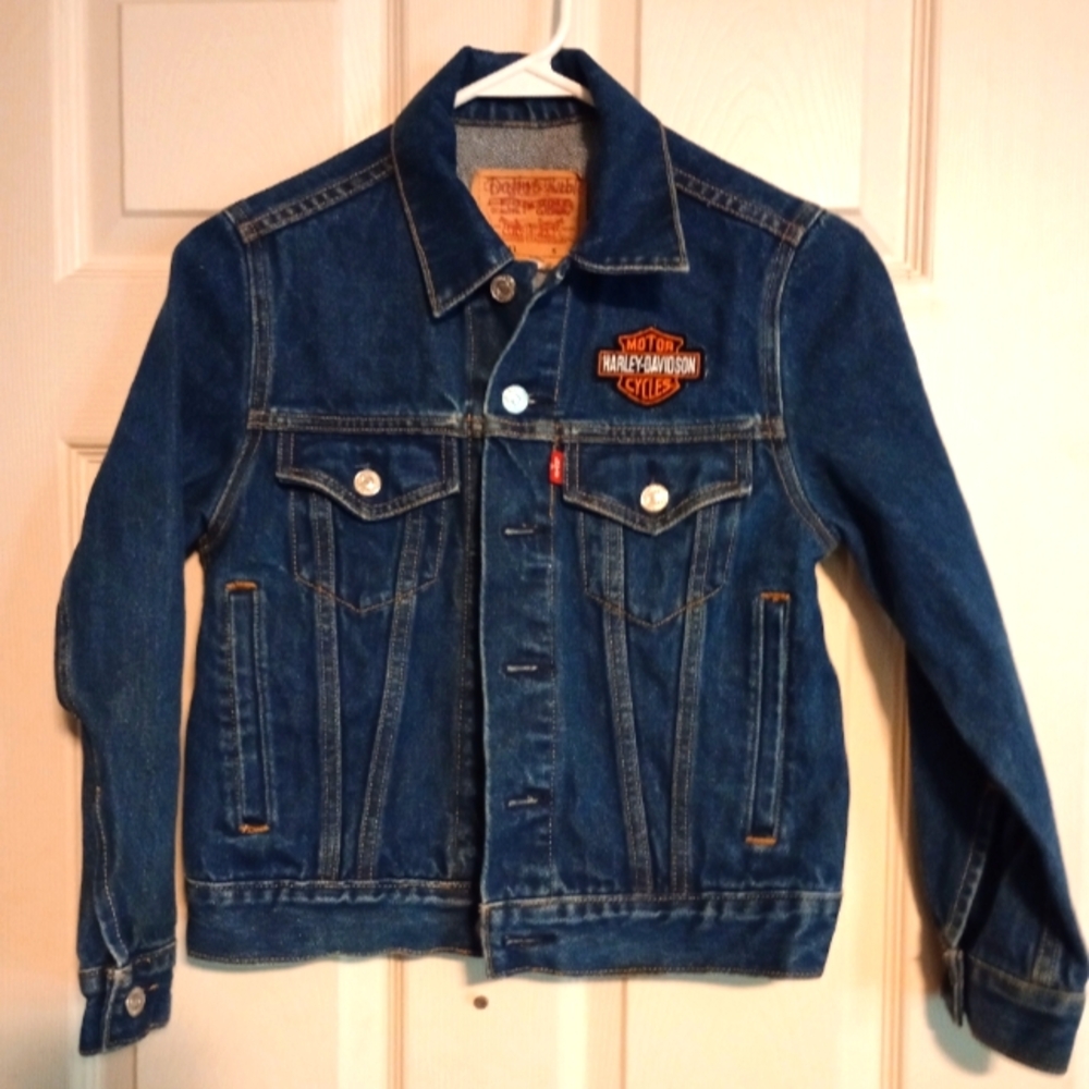 Youth Size Small Levi Denim Jacket With Harley Davidson Patches